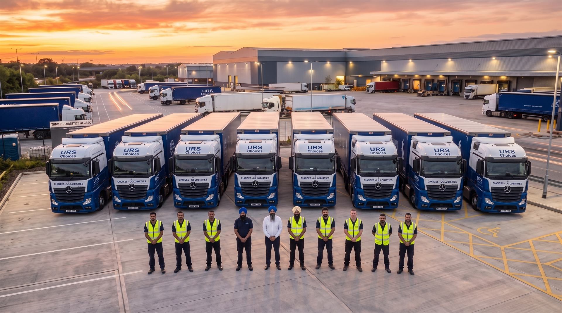 URS Choices fleet of lorries and drivers lined up in the warehouse yard at sunset